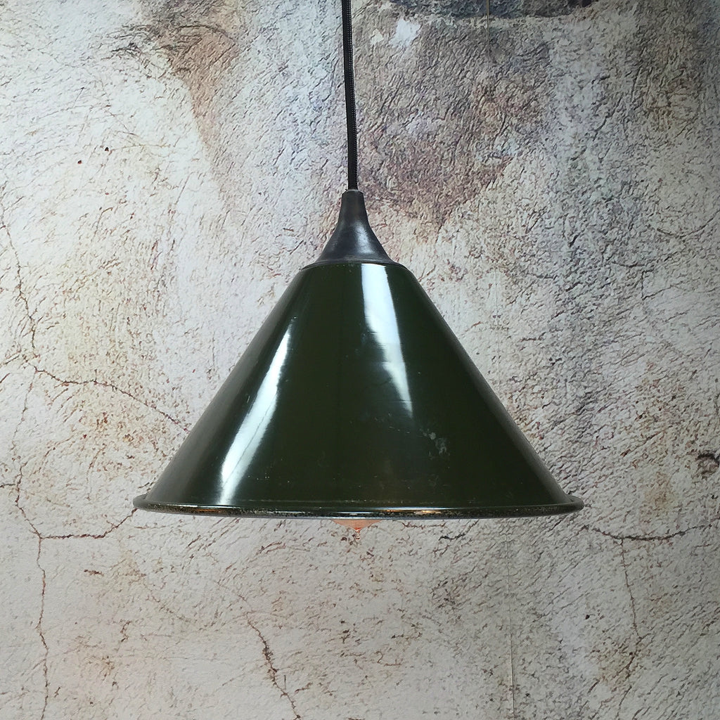 Rustic Industrial Style small green ceiling Light with filament bulb based on the festoon shades used by the British Army