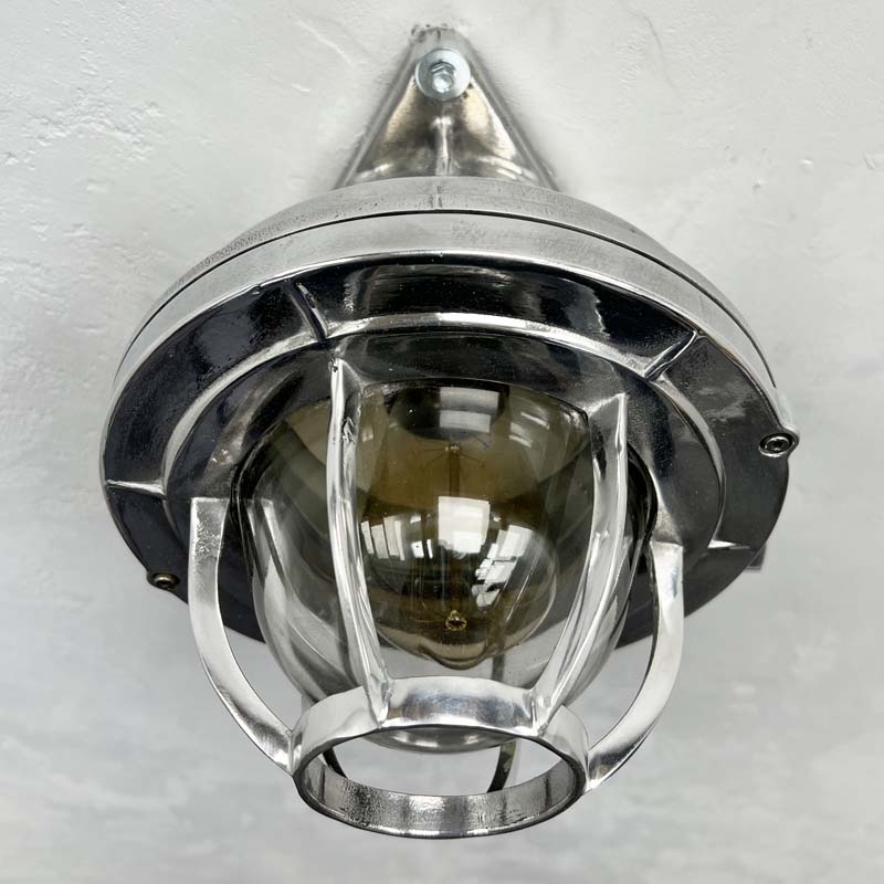 Aluminium kokosha lighting with LED bulbs. Our bulkhead light vintage industrial style is reclaimed and refurbished for outdoor use. compatible with LED light bulbs. 