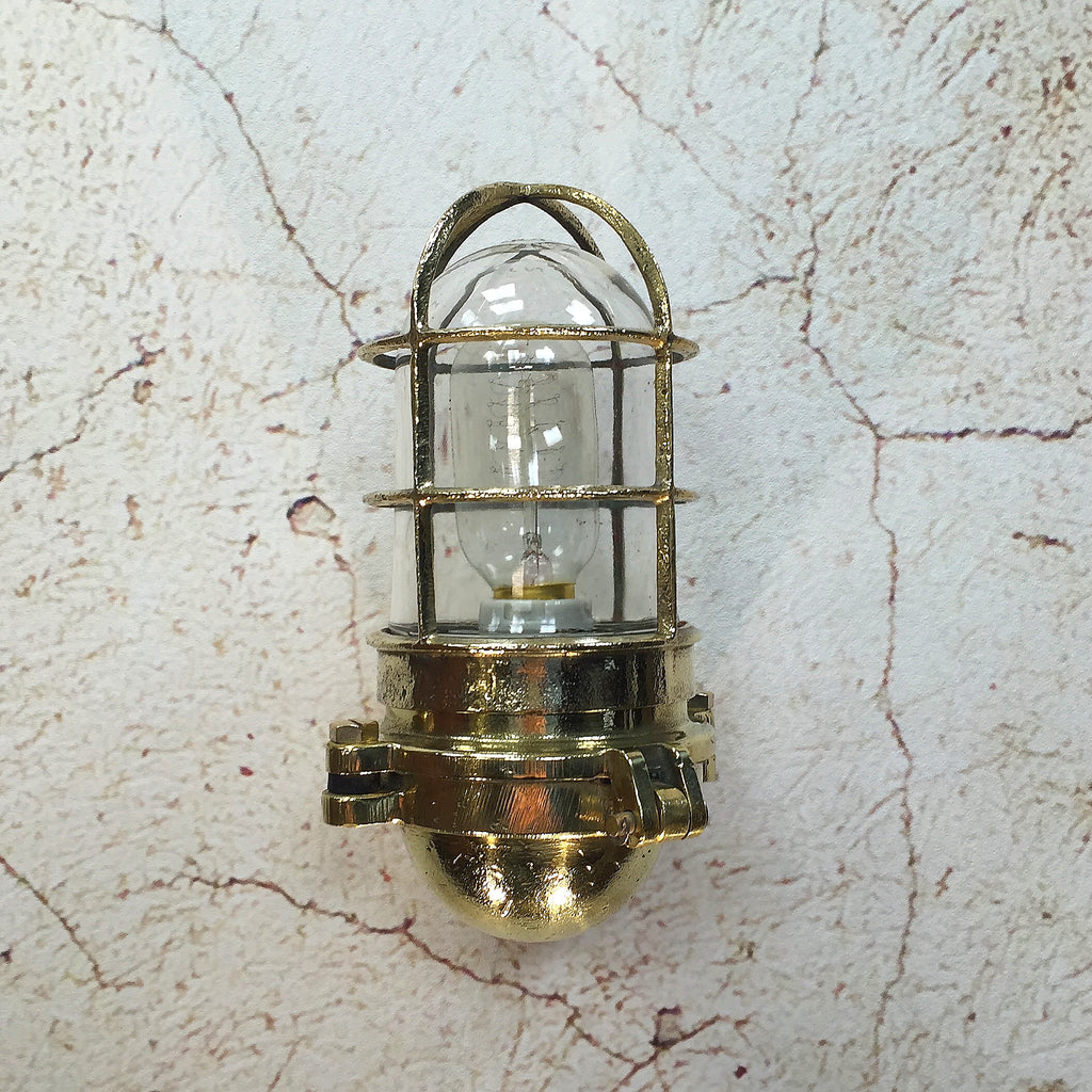 Reclaimed vintage industrial brass 90 degree wall light with cage