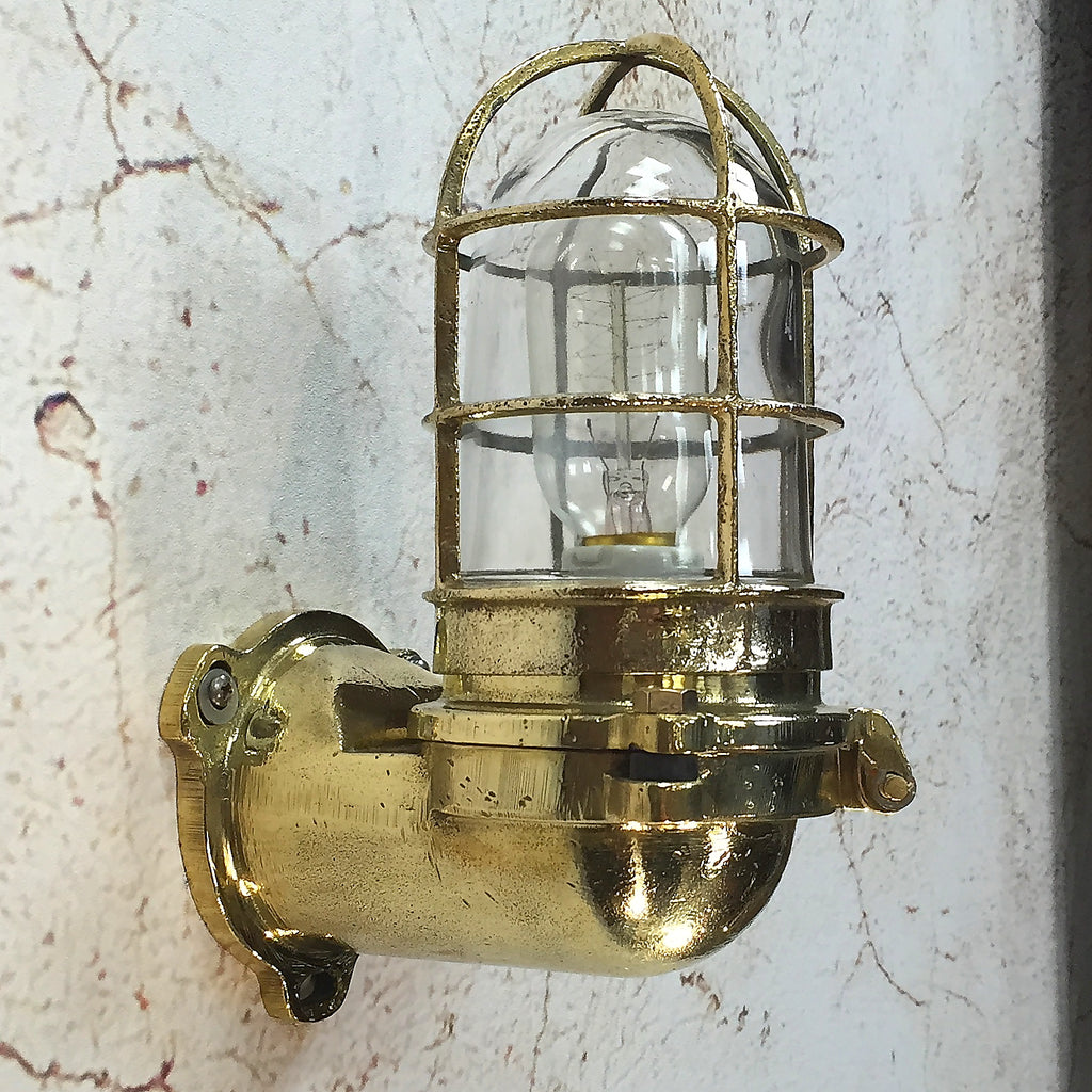 reclaimed vintage industrial brass 90 degree wall light with cage