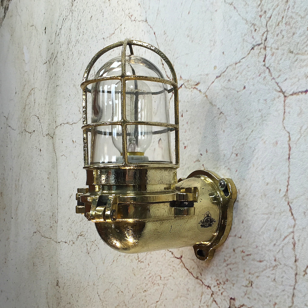Reclaimed vintage industrial brass 90 degree wall light with cage