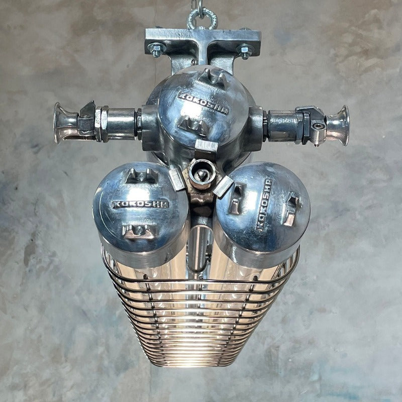 Vintage industrial aluminium flameproof tube ceiling strip light with protective metal cage