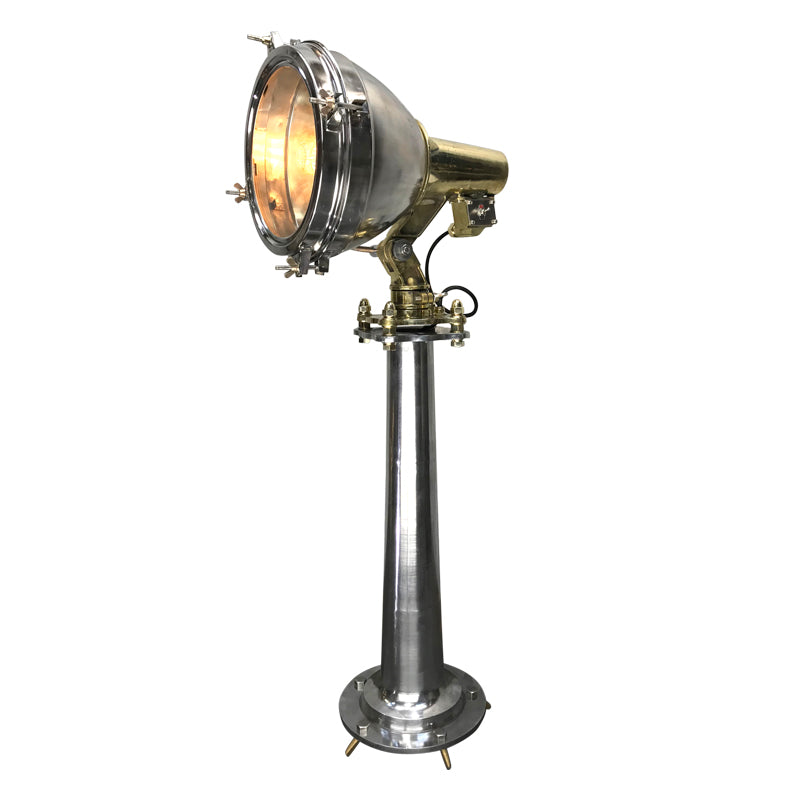 Large vintage industrial stainless steel & brass floor lamp