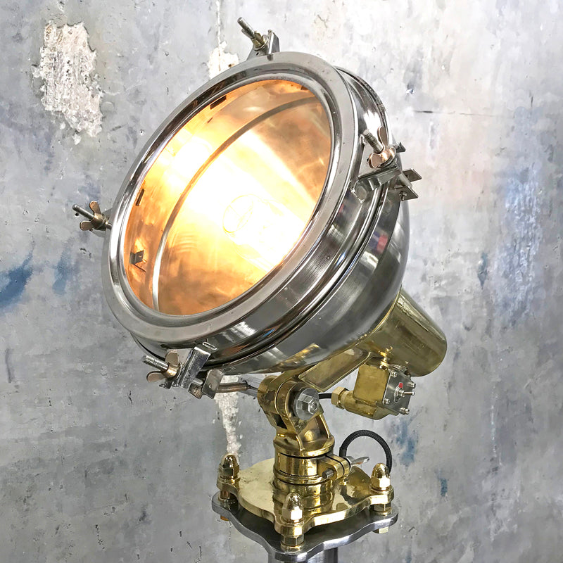 Large vintage industrial stainless steel & brass floor lamp