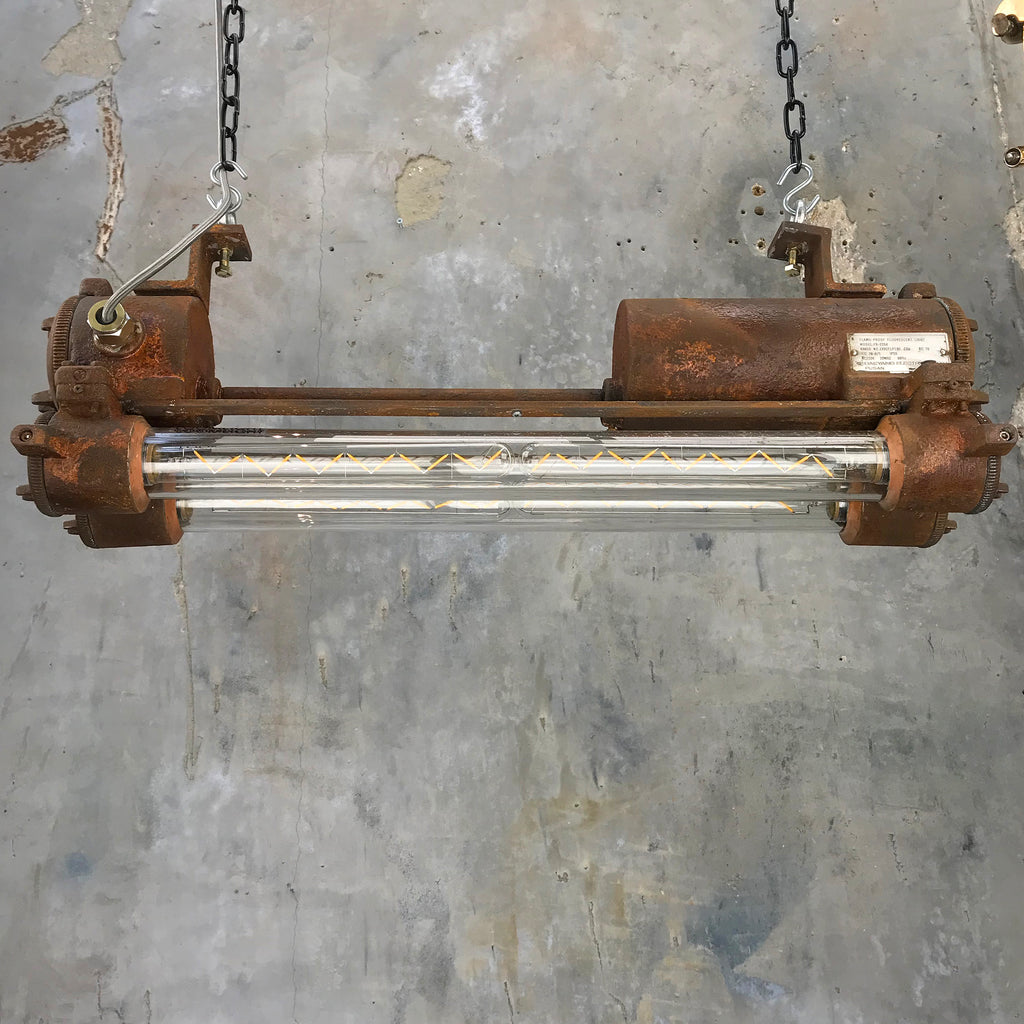 Reclaimed retro industrial ceiling striplight finished with a bespoke rust effect fitted with filament LED tubes
