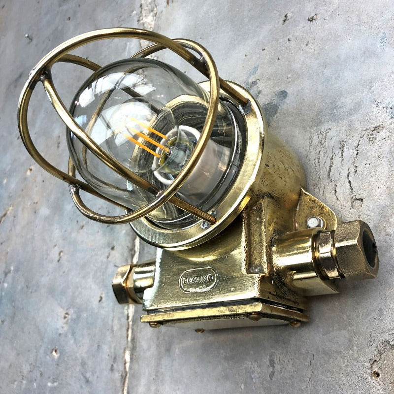 Nautical vintage industrial brass outdoor bulkhead wall light by Brasuk