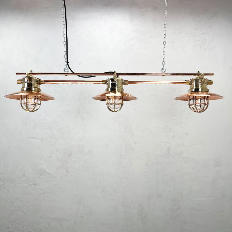 industrial style copper & brass 3 pendant ceiling light on a copper bar, perfect for table lighting, kitchen diner or snooker table