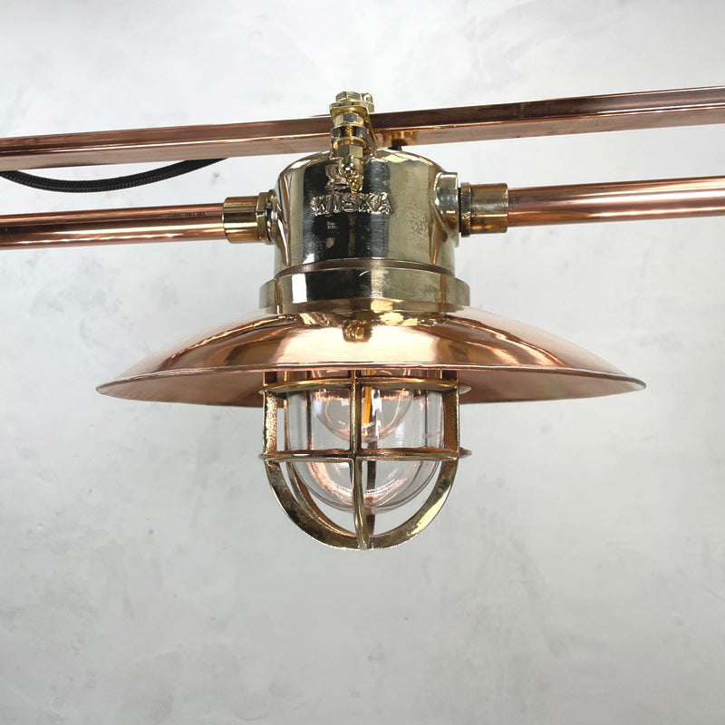 industrial style copper & brass 3 pendant ceiling light on a copper bar, perfect for snooker table lighting or over a dining table.