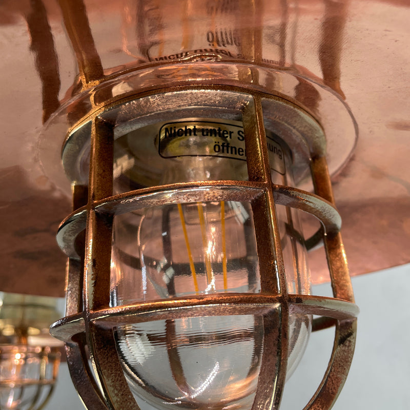 industrial style copper & brass 3 pendant ceiling light on a copper bar, perfect for snooker table lighting or over a dining table.