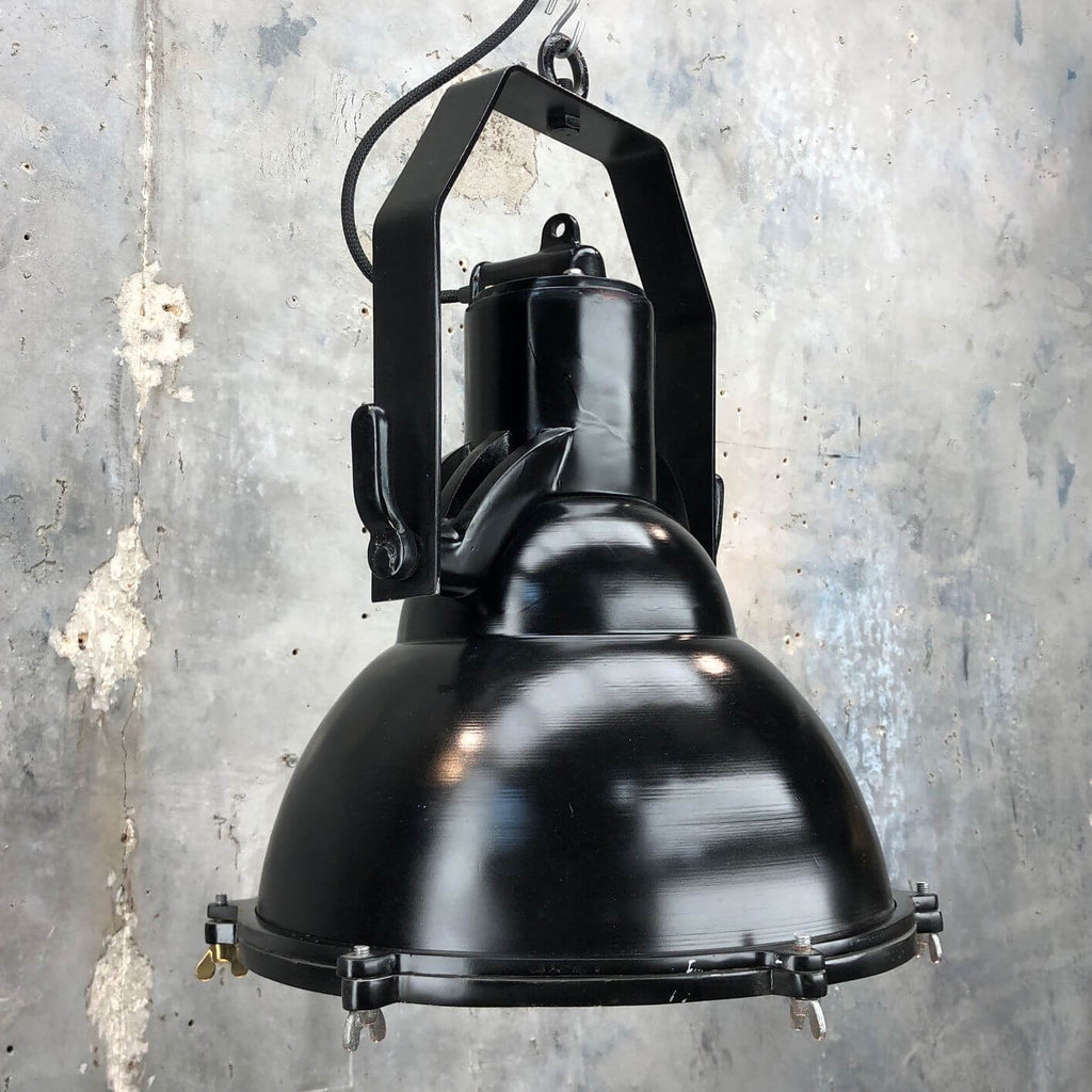 An industrial style black cargo ceiling pendant light. 