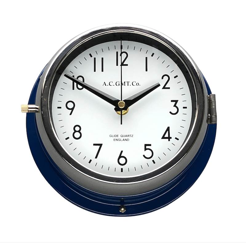 Navy blue traditional wall clock with white face and black digits. Featuring a quartz silent sweep seconds hand movement which means no ticking! A timeless clock design perfect for any interior. 