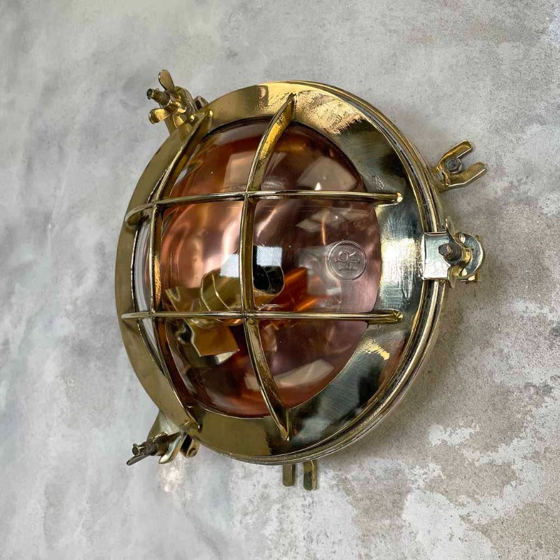 Vintage industrial brass and copper bulkhead wall light by Industria Rotterdam.