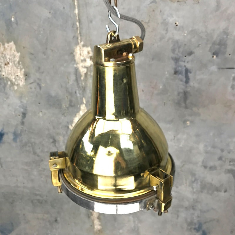 A compact reclaimed vintage industrial brass spot light ceiling pendant