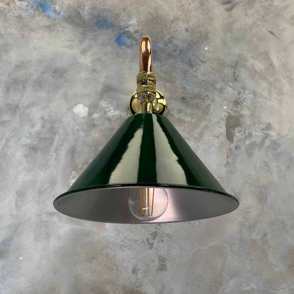 Bespoke vintage British army green tilting festoon wall lamp with copper and brass cantilever wall fixture.