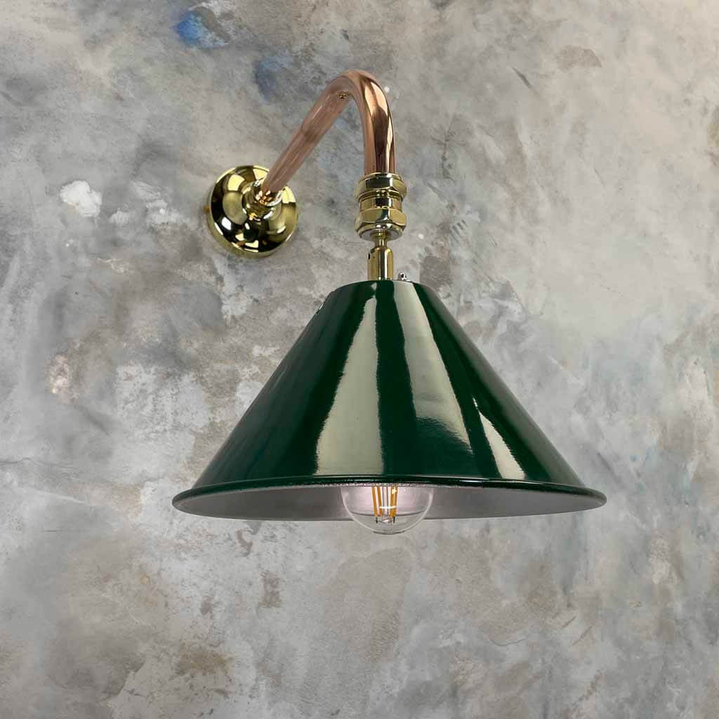 Bespoke vintage British army green tilting festoon wall lamp with copper and brass cantilever wall fixture.