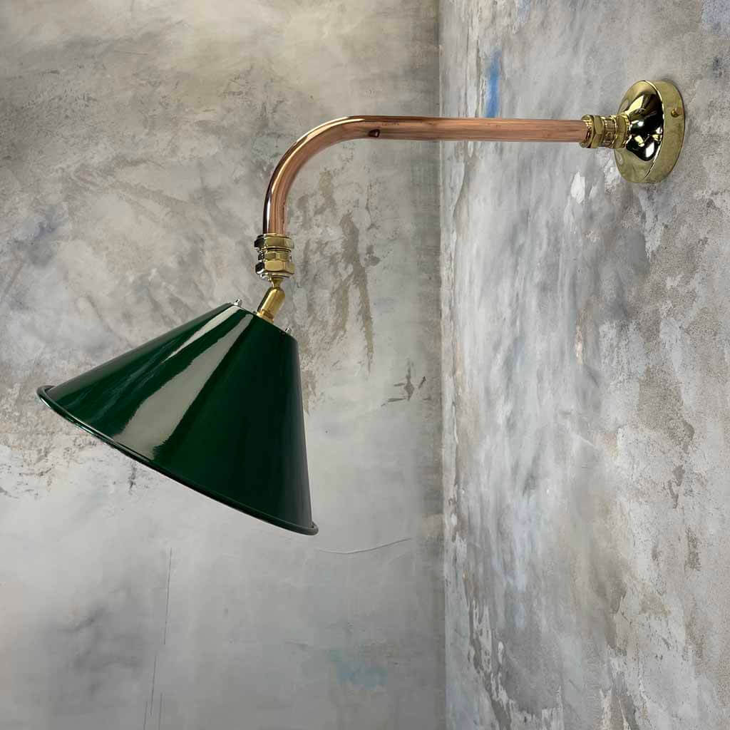 Bespoke vintage British army green tilting festoon wall lamp with copper and brass cantilever wall fixture.
