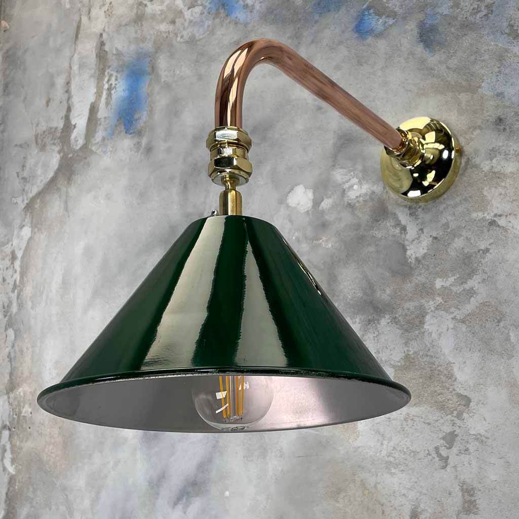 Bespoke vintage British army green tilting festoon wall lamp with copper and brass cantilever wall fixture.