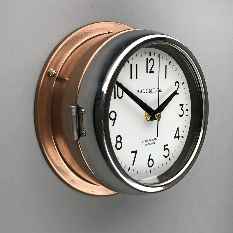 A silent wall clock reclaimed and refurbished. This round copper wall clock is ideal for a peaceful day if you want a non-ticking clock!
