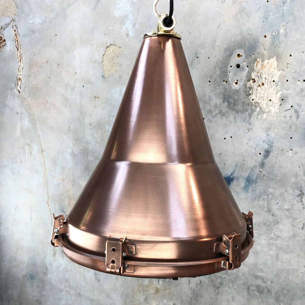 copper vintage industrial ceiling pendant light, conical shaped.