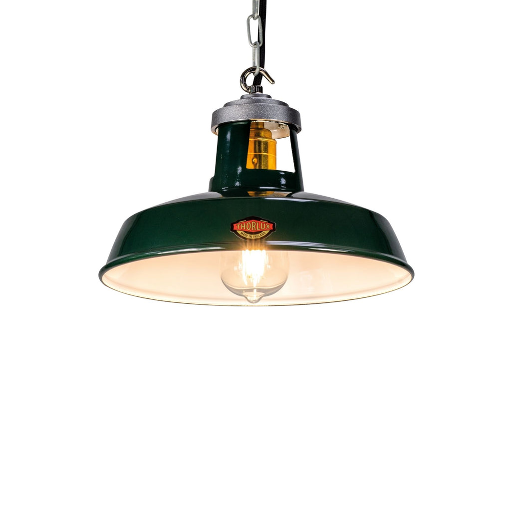 Factory style enamel pendant lighting. Minor 11" Enamel green Thorlux ceiling pendant light from the heritage range. Based on the original 1930's design. 