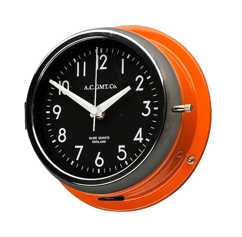 orange nautical silent wall clock reclaimed and restored with a modern specification for contemporary interiors. 20cm diameter. Perfect non ticking wall clock.