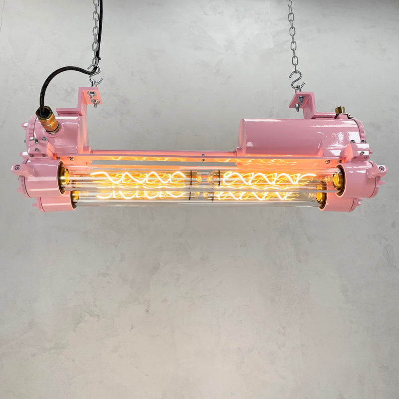 Vintage industrial pink strip light with Edison LED tubes by Daeyang. Reclaimed and restored by Loomlight ready for modern interiors.