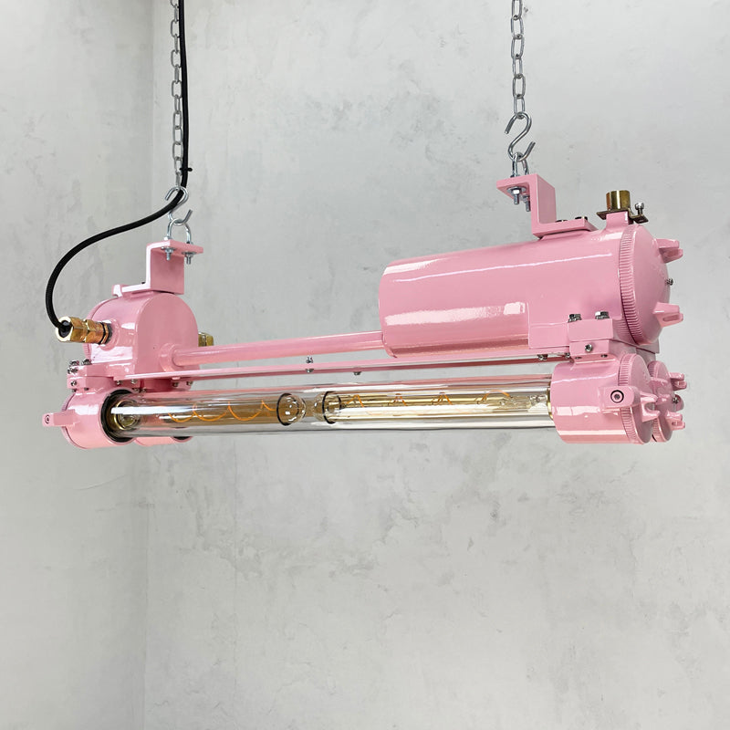 Vintage industrial pink strip light with Edison LED tubes by Daeyang. Reclaimed and restored by Loomlight ready for modern interiors.