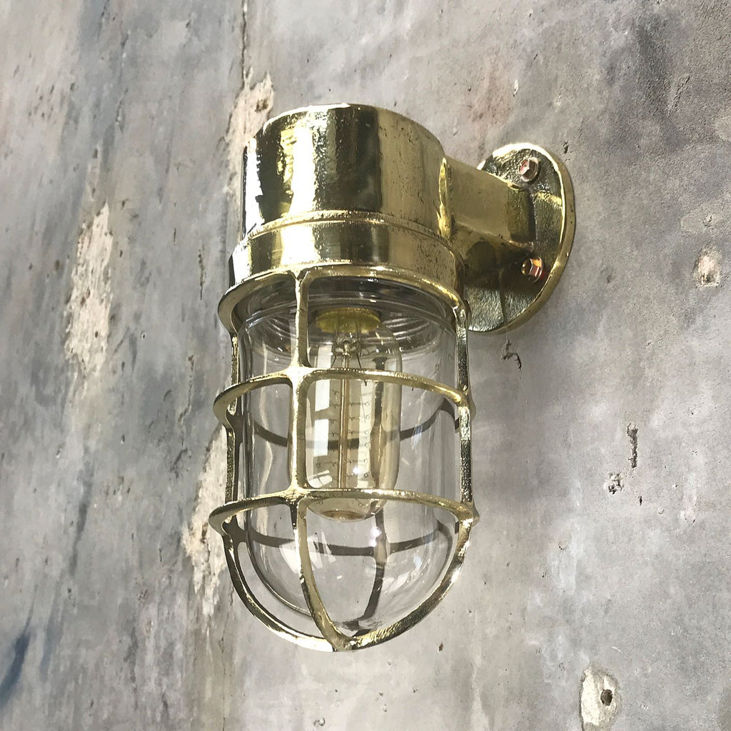 industrial brass cage wall light with glass dome protection, fitted with LED lamps, restored & sold from UK