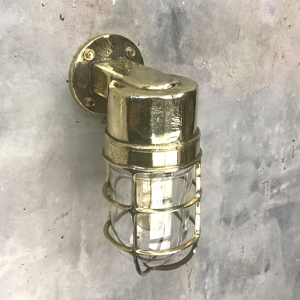 Retro industrial cast brass 90 degree outdoor wall light with protective cage