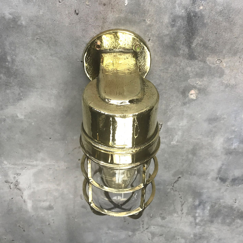 Retro industrial cast brass 90 degree outdoor wall light with protective cage