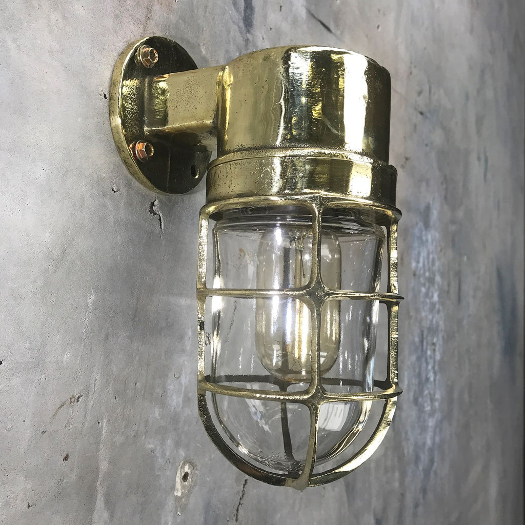 Reclaimed industrial cast brass 90 degree outdoor wall light with protective cage