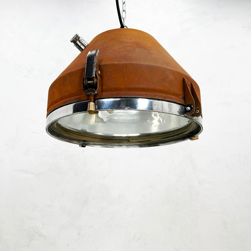 An industrial aluminium rusted ceiling light with glass cover by VEB of Germany manufactured mid century. Professionally restored by hand in UK by Loomlight to modern lighting standards for contemporary interiors.   The rust is applied using our tailored rusting technique using iron powder and an accelerated oxidization process.