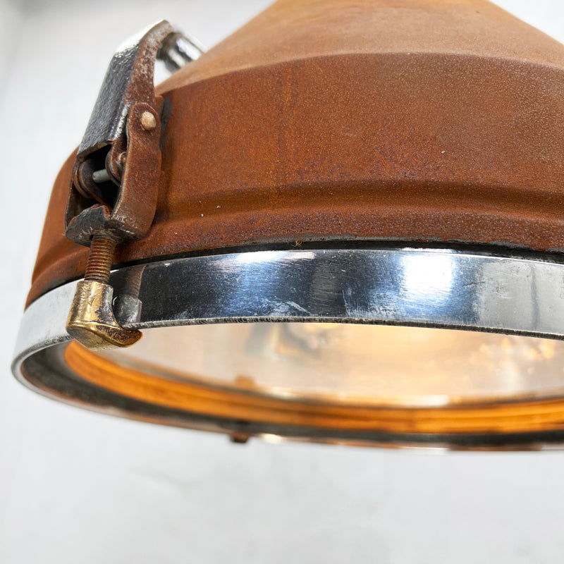 a vintage industrial rusted ceiling light with glass cover by VEB of Germany manufactured mid century. Professionally restored by hand in UK by Loomlight to modern lighting standards for contemporary interiors.   The rust is applied using our tailored rusting technique using iron powder and an accelerated oxidization process.