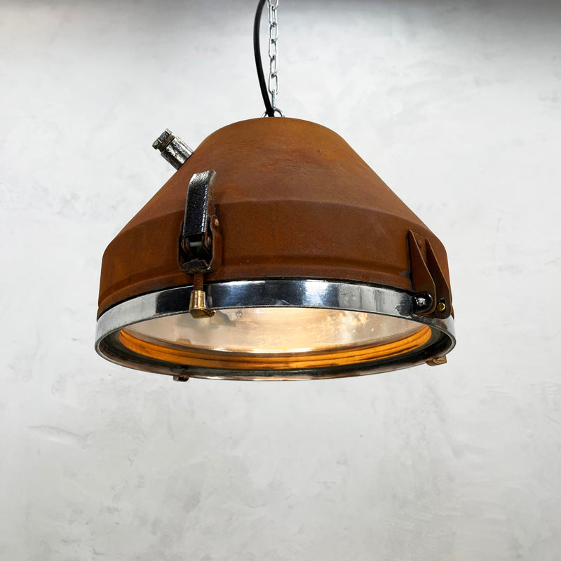 Vintage industrial rusted ceiling light with glass cover by VEB of Germany manufactured mid century. Professionally restored by hand in UK by Loomlight to modern lighting standards for contemporary interiors.   The rust is applied using our tailored rusting technique using iron powder and an accelerated oxidization process.