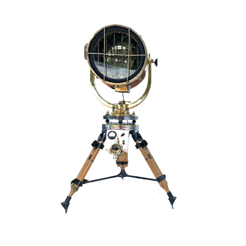 Large vintage industrial copper & brass tripod floor lamp. The signalling lamp was made in 1981 by Shonan Kosakusho. It has been mounted onto a military gyroscope tripod to create an outstanding and unique tripod floor lamp. 