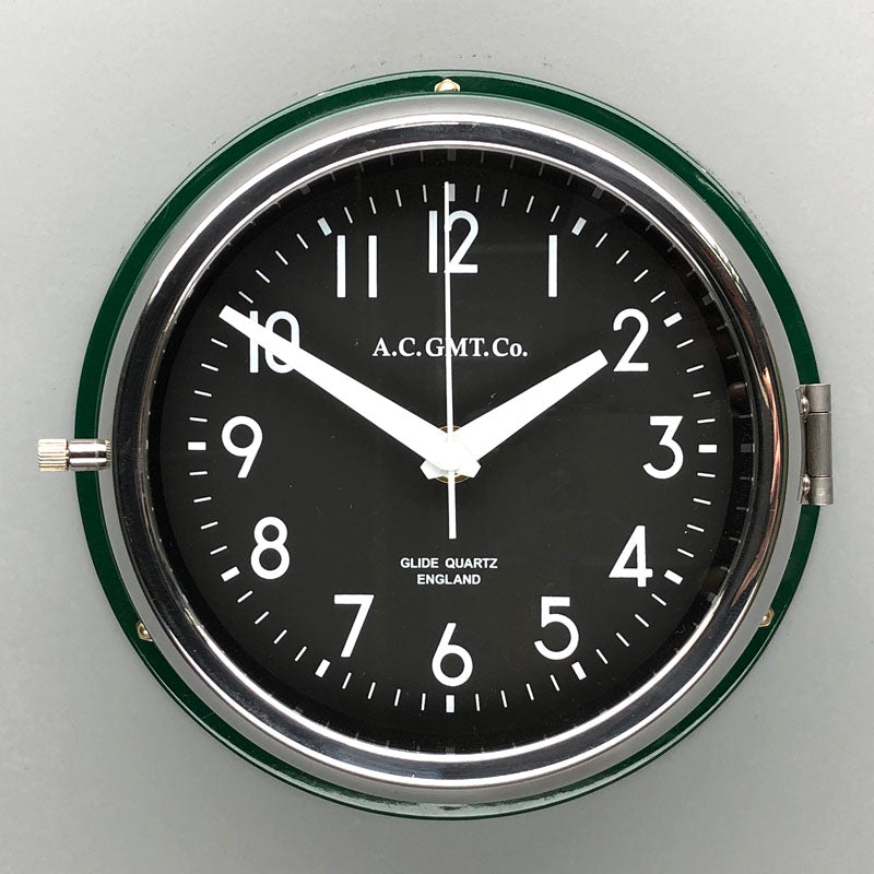 A 20cm diameter green wall clock. This classic wall clock design has been reclaimed from nautical environments and given a modern refurbishment. Featuring a silent sweep seconds hand movement, making this a silent wall clock.