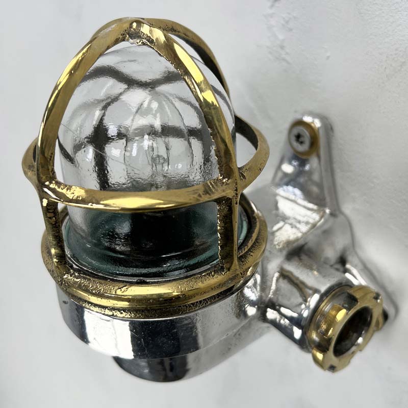 Shop our small industrial wall lights made from aluminium with a brass cage which can be mounted up or down to suit. Compatible with LED bulbs. 