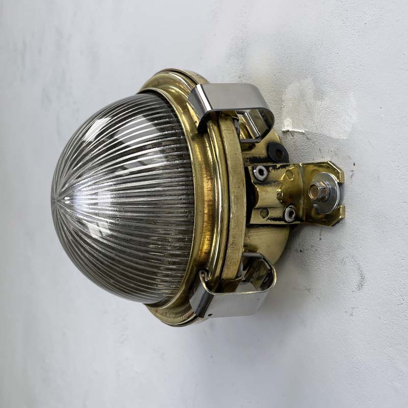 Vintage industrial Small Brass Circular Holophane Wall Light