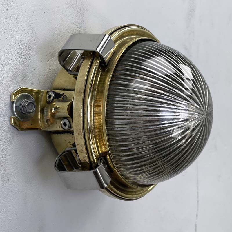 Vintage industrial Small Brass Circular Holophane Wall Light