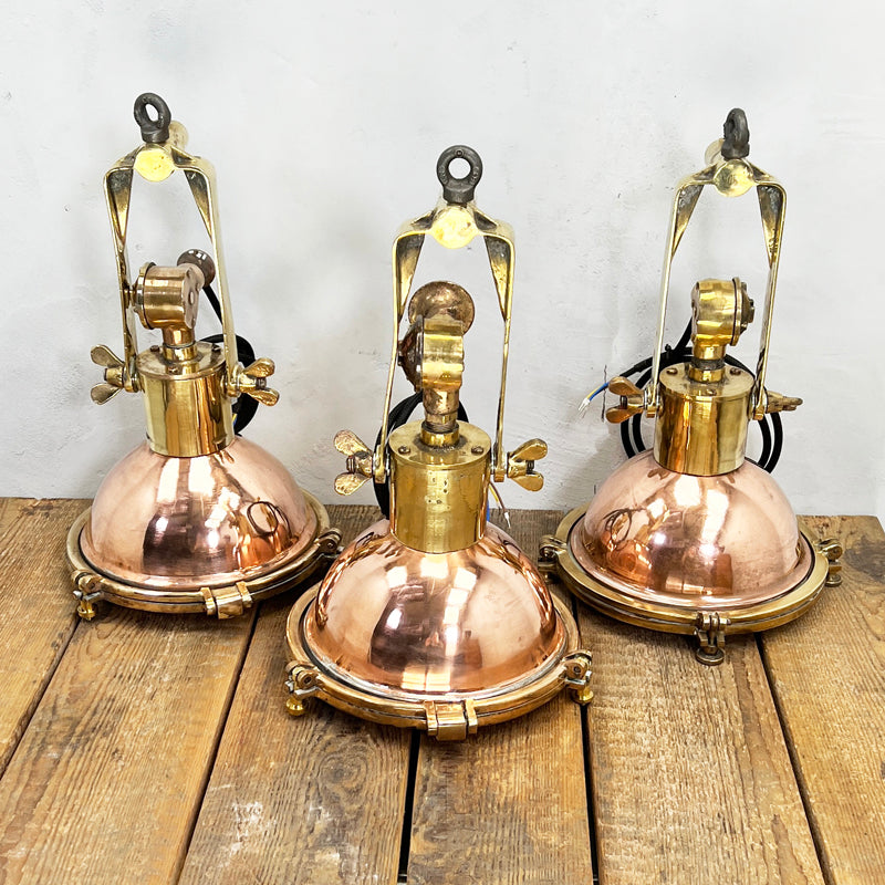 small vintage industrial copper and brass ceiling lights by Wiska are reclaimed and restored ready for rustic and modern interiors.