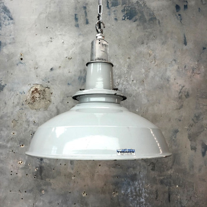 A British mid century grey enamel ceiling factory light by Thorlux.