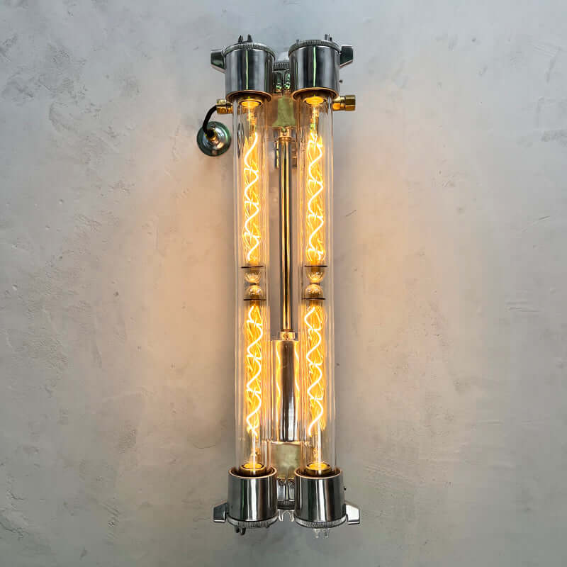 A wall mounted vintage industrial style aluminium flameproof strip light fitted with  Edison LED tubes made by Daeyang in the 1970's.