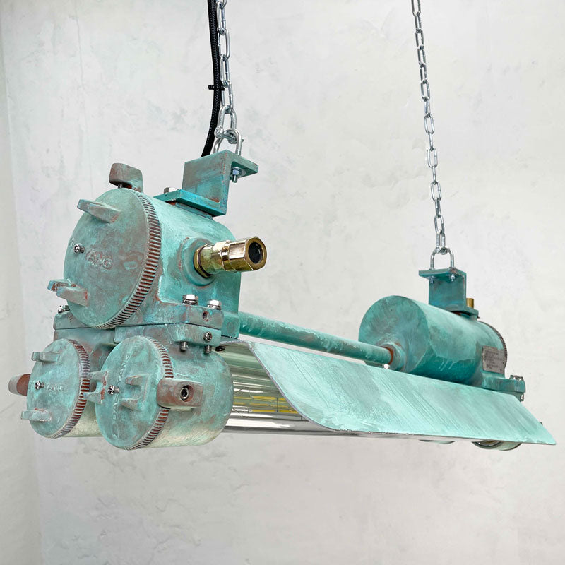 Shop our verdigris edison industrial striplight. Vintage Industrial lighting with LED tubes refinished with bespoke Verdigris rust effect.